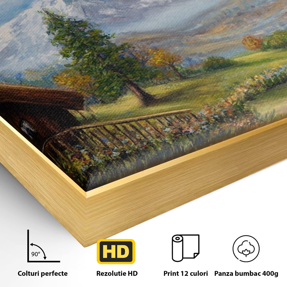 Detaliu al suprafetei: tablou canvas cu peisaj montan si cabana, in rama de aluminiu auriu